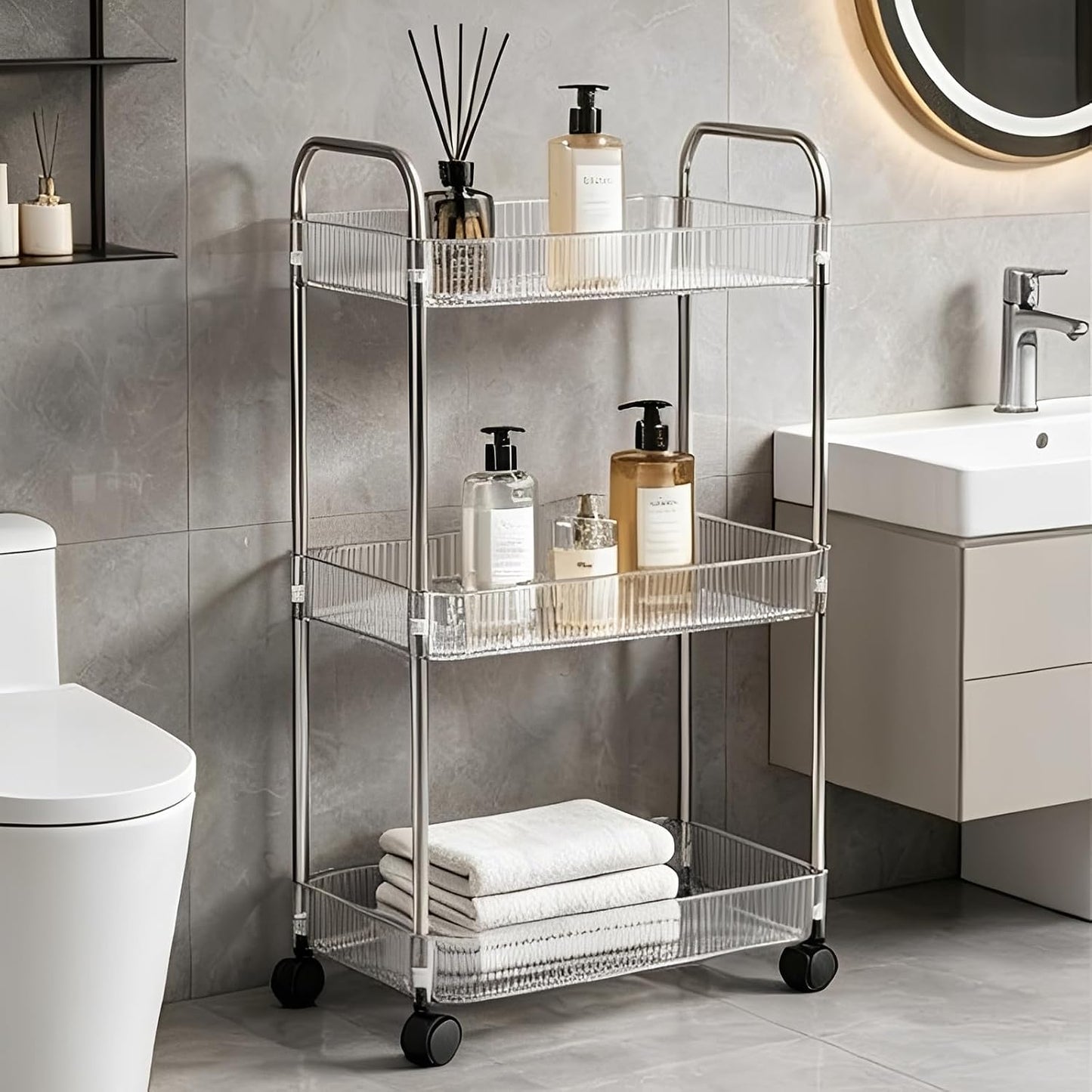 Sooyee 3 Tier Rolling Cart with Wheels, Slim Storage Cart, Under Desk Narrow Rolling Utility Cart Storage Organizer for Office Bathroom Kitchen Laundry Room Narrow Places, White, Plastic and Metal