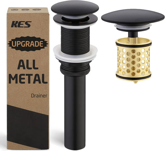 KES Bathroom Sink Drain with Overflow, All Metal Pop Up Drain for Bathroom Sink Stopper with Brass Strainer Basket Hair Catcher Anti Clog Rustproof 18/8 Stainless Steel Matte Black, S2018A-BK
