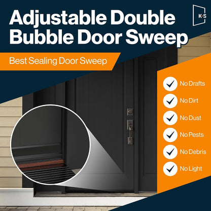 Patent Pending, Adjustable Double Bubble Door Sweep, Draft Stopper, Under Door Seal for Exterior Doors, 1 3/4" x 36" (Black 36 inch)
