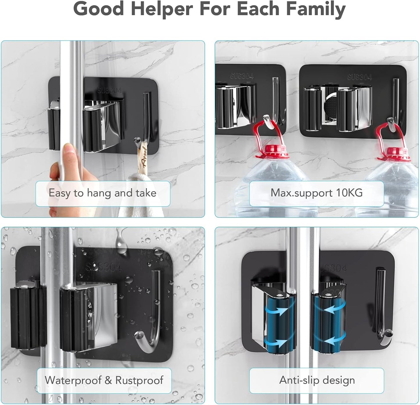 homeasy Mop Broom Holder No Drill, Mop Broom Organizer Wall Mounted Heavy Duty with Hooks Hanger, Self Adhesive Stainless Steel 4Pcs for Bathroom, Kitchen, Office (Multicolor)