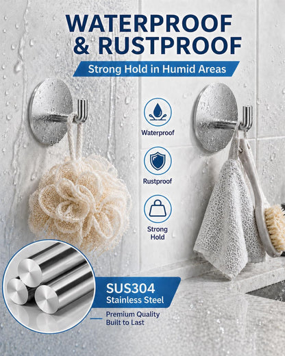 Removable Towel Hooks for Bathrooms, Heavy Duty Adhesive Hooks for Walls No Damage, Black Home Storage Hooks for Inside Shower, Sticky Hooks for Hanging Robe Coat Loofah Clothes Kitchen, 14Pcs Sus304
