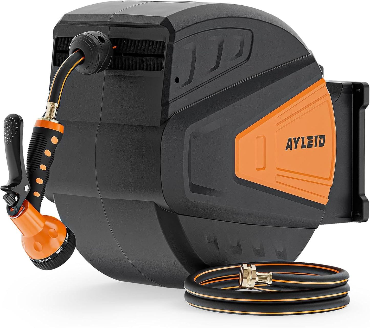 Ayleid Retractable Rubber Hybrid Garden Hose Reel, 1/2"x100ft Wall Mount | Anti-freeze, kink-free premium rubber hybrid hose, 24-month warranty, 9-pattern sprayer, any-length lock, slow auto-return.