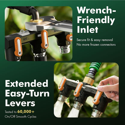 Restmo 3 Way Garden Hose Splitter Heavy Duty 100% Metal Body, Full Flow Design with Oversized Ball Valve, Outdoor Faucet Spigot Adapter with Extended Levers, 3/4" GHT Thread - Green