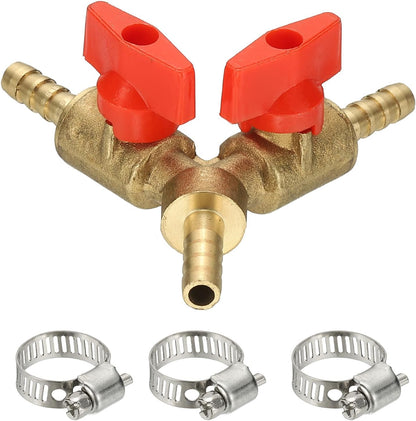 PATIKIL 3 Way Shut Off Ball Valve, 1/4" Y Shaped 3 Way Brass Garden Hose Barb Splitter Line Sprayer Parts Coolant Hose Valve Fitting with 2 Red Switch for Gas Fuel Oxygen, 1 Set
