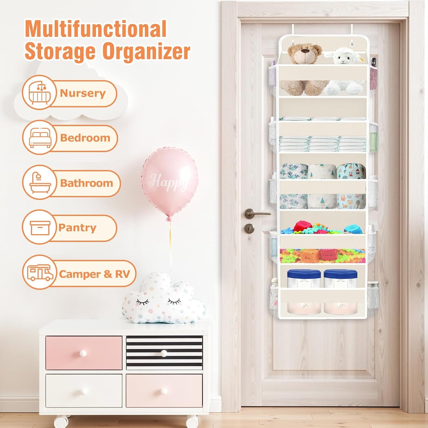 WISELIFE Over The Door Organizer Storage 4 Shelves Large Capacity Hanging Bedroom Storage Solution with 6 Side Pockets for Dorm Bathroom Pantry Nursery and Baby Essentials Holds up to 40 Lbs (Black)