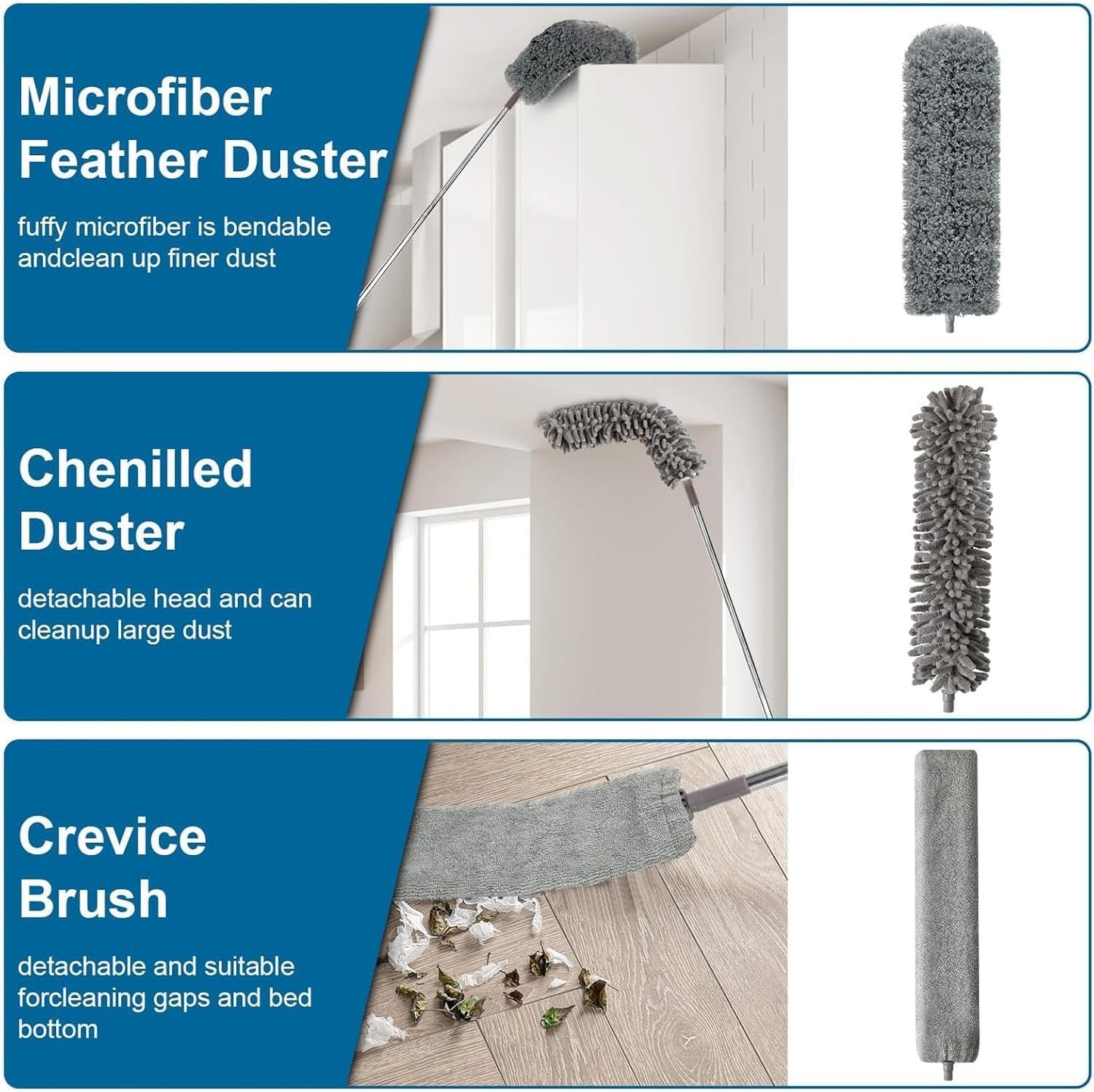 4 Pcs Microfiber Cobweb Duster with 100-inch Extendable Pole, Washable and Reusable Feather Cleaning Duster Kit with 3 Duster Heads,Dusters for Cleaning with Telescopic Pole for High Ceiling Fan