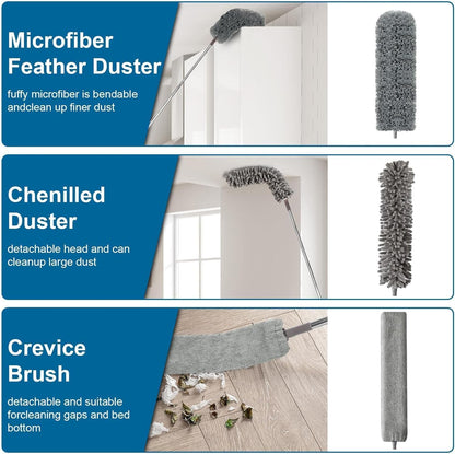 4 Pcs Microfiber Cobweb Duster with 100-inch Extendable Pole, Washable and Reusable Feather Cleaning Duster Kit with 3 Duster Heads,Dusters for Cleaning with Telescopic Pole for High Ceiling Fan