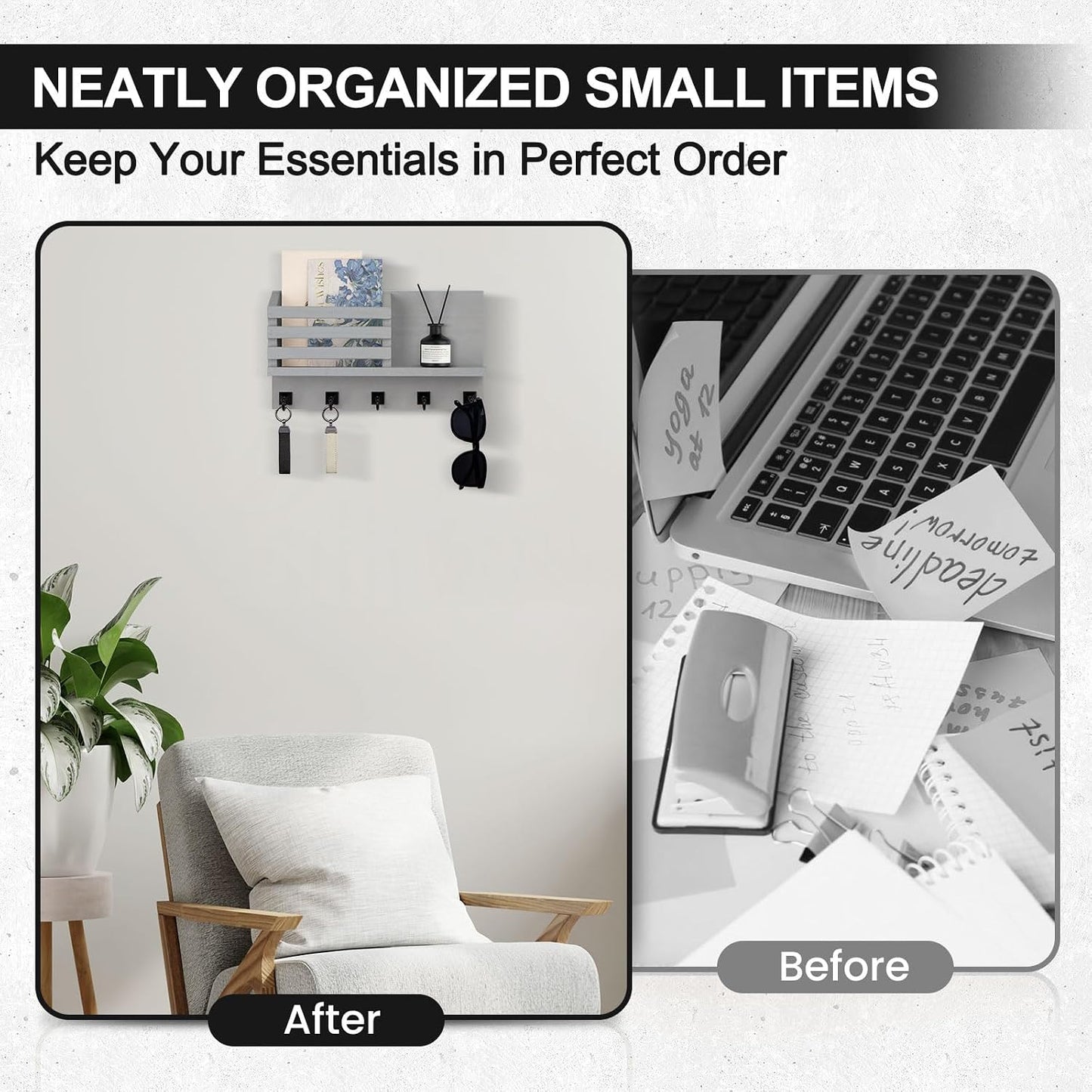Key Holder Wall Mount, Mail Organizer for Wall with 5 Square Rustic Key Hooks Key Shelf Farmhouse Home Decor for Entryway