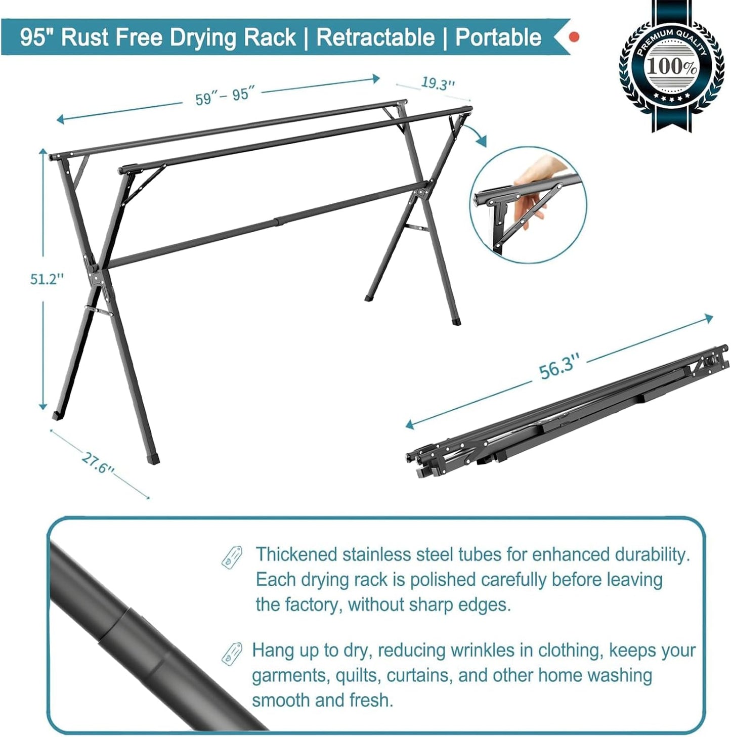 JAUREE 95 Inches Clothes Drying Rack, Drying Rack Clothing Folding Indoor Outdoor, Heavy Duty Stainless Steel Laundry Rack, Foldable Portable Large Clothes Rack Garment Rack with 20 Windproof Hooks
