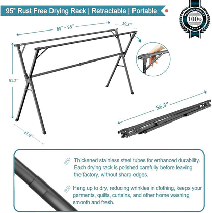 JAUREE 95 Inches Clothes Drying Rack, Drying Rack Clothing Folding Indoor Outdoor, Heavy Duty Stainless Steel Laundry Rack, Foldable Portable Large Clothes Rack Garment Rack with 20 Windproof Hooks