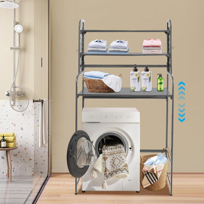 Over The Washer and Dryer Storage Shelf with Adjustable Shelf, 3 Tiers Expandable Over Toilet Storage Rack with Hooks Laundry Organizer Standing Shelf Gray for Laundry Room Bathroom