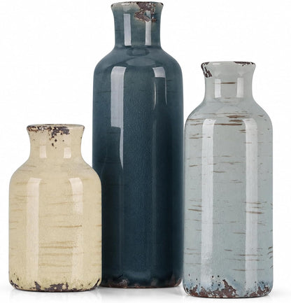 Ceramic Vase Set of 3 – Small Flower Vases, Modern Farmhouse Boho Flower Vases for Home Decor, Rustic Pottery Vases for Centerpieces, Living Room, Shelf, Fireplace, Entryway Decor, Table or Cabinet