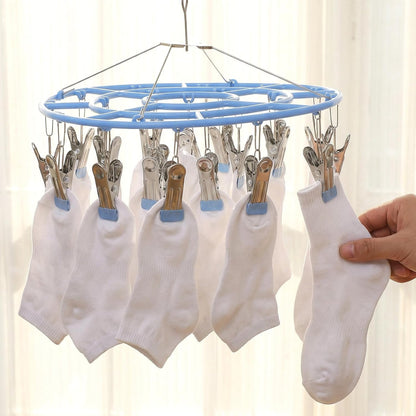 2-Pack Stainless Steel Round Hanging Drying Rack with 48 Clips, Heavy Duty Clothe Drying Rack with Windproof Hook for Socks, Bras, Underwear, Towels, Hats & Laundry Accessories (Blue & Gray)
