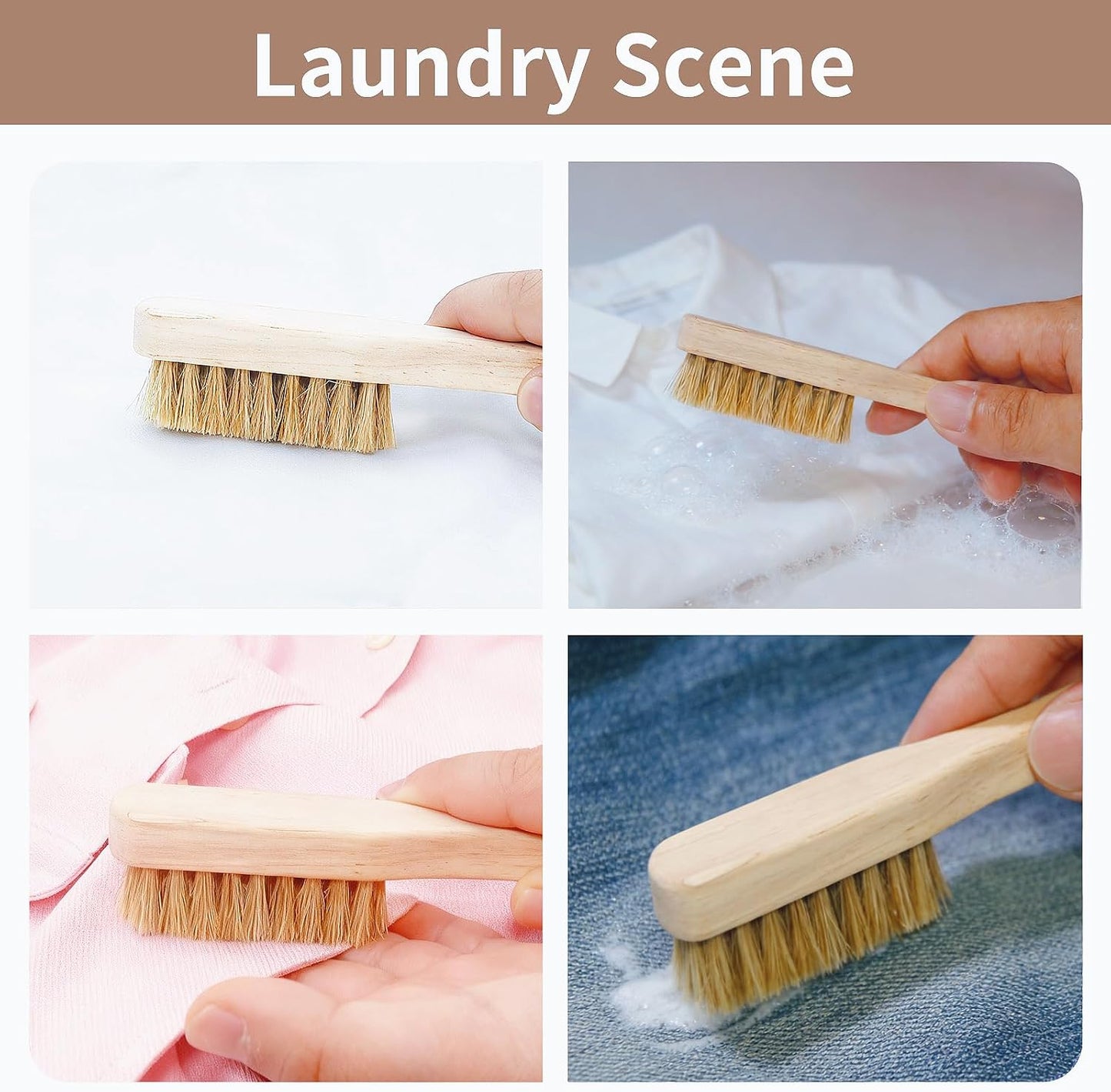 Wood Laundry Stain Brush with Boar Bristle, Tough Stain Remover for Delicate Fabric, Cotton, Linens, and Shoes, Laundry Scrub Brush for Fresh and Clean Fabric