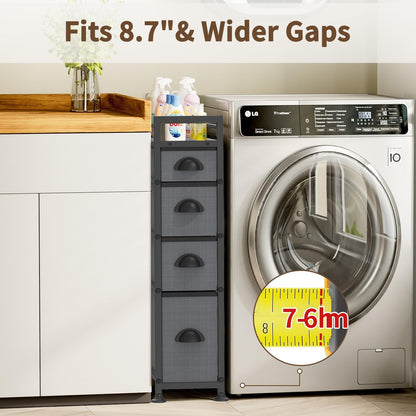 LASZOLA 5 Drawer Narrow Dresser Slim Cabinet Skinny Storage Tower Chest, Ideal for Small Spaces Bathroom, Between Washer and Dryer, Lightweight Mobile on Wheels, Sturdy Fabric Drawers, Black