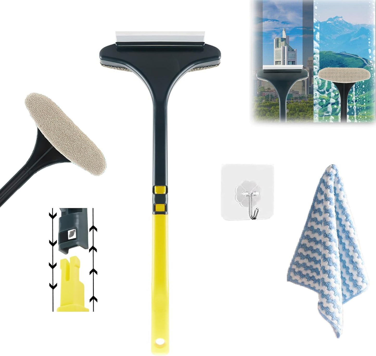Double-Sided Window Screen Dust Removal, 2 in 1 Screen Window Cleaning Brush, Screen Window Brush Household Window Cleaning, Long Handle Free of Removable Washable (Yellow Handle)