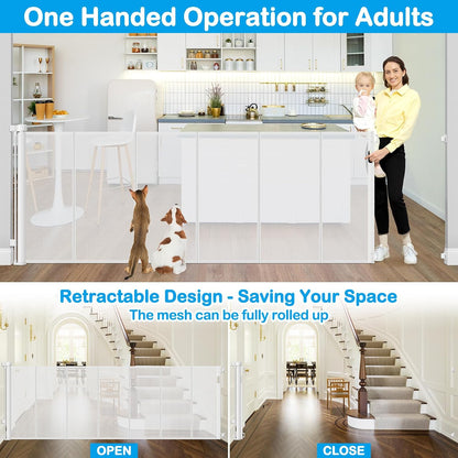 42 Inch Extra Tall Retractable Baby Gates with Reinforced Strips 55 Inch Wide Outdoor Retractable Dog Gate No Sag Extra Tall Baby Gate for Doorway Anti-Scratch Mesh Gates for Kids or Pets, White