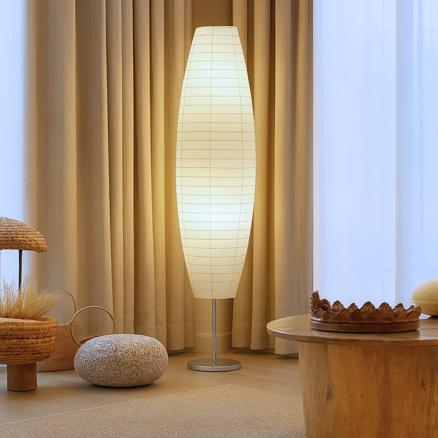 LIGHTACCENTS 50” Rice Paper Standing Lamp – Modern Japanese Floor Lamp with Chrome Base, White Shade, Foot Pedal Switch – Floor Lamps for Living Room, Bedroom, or Meditation Space