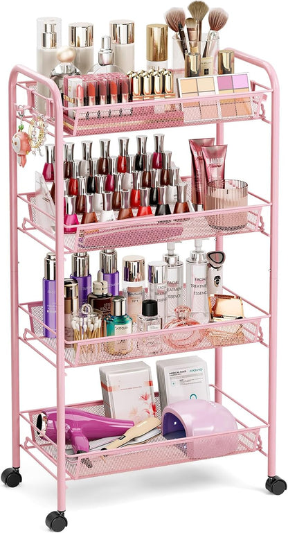 TOOLF 3-Tier Metal Rolling Cart, Mesh Wire Easy Assemble Utility Cart, Storage Trolley on Wheels with 3 Hooks, MetalStorage Shelving Units for Kitchen Bathroom Laundry Room