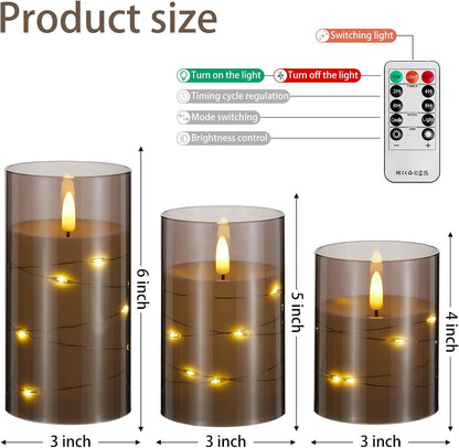 Blue Flameless Candles with Remote, Real Wax Glass Battery Operated Candles with Timer, LED Pillar Candle for Bedroom Home Wedding Birthday Party Fall Halloween Christmas Decorations, Set of 3