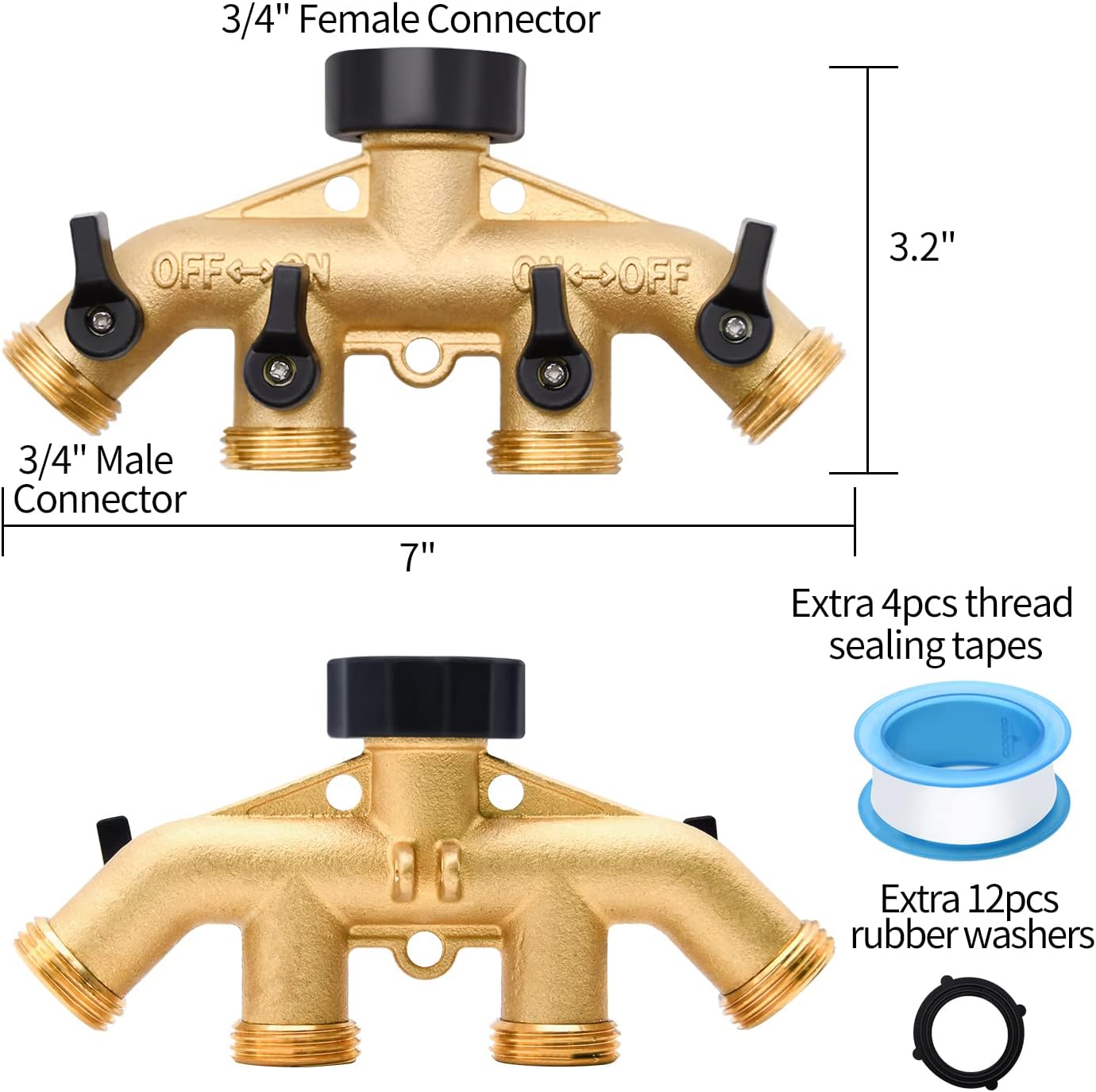 1/2/4 Pack 2 Way Hose Splitter, for 3/4" Hose Connector, with Rubber Washers & Tapes | for 3/4" Hose Connector