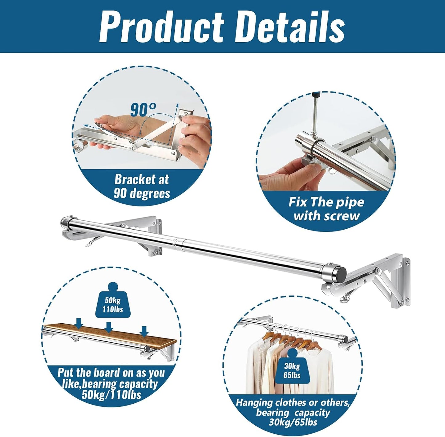 Foldable Wall Mounted Clothes Rack-30'' Long Rod&2 Thick Bases,Stainless Steel,Multi-Purpose for Space-Saving Garment Rack/Clothes Drying Rack/Clothes Hanger,Detachable and Top Shelf Room Reserved