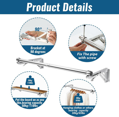 Foldable Wall Mounted Clothes Rack-30'' Long Rod&2 Thick Bases,Stainless Steel,Multi-Purpose for Space-Saving Garment Rack/Clothes Drying Rack/Clothes Hanger,Detachable and Top Shelf Room Reserved