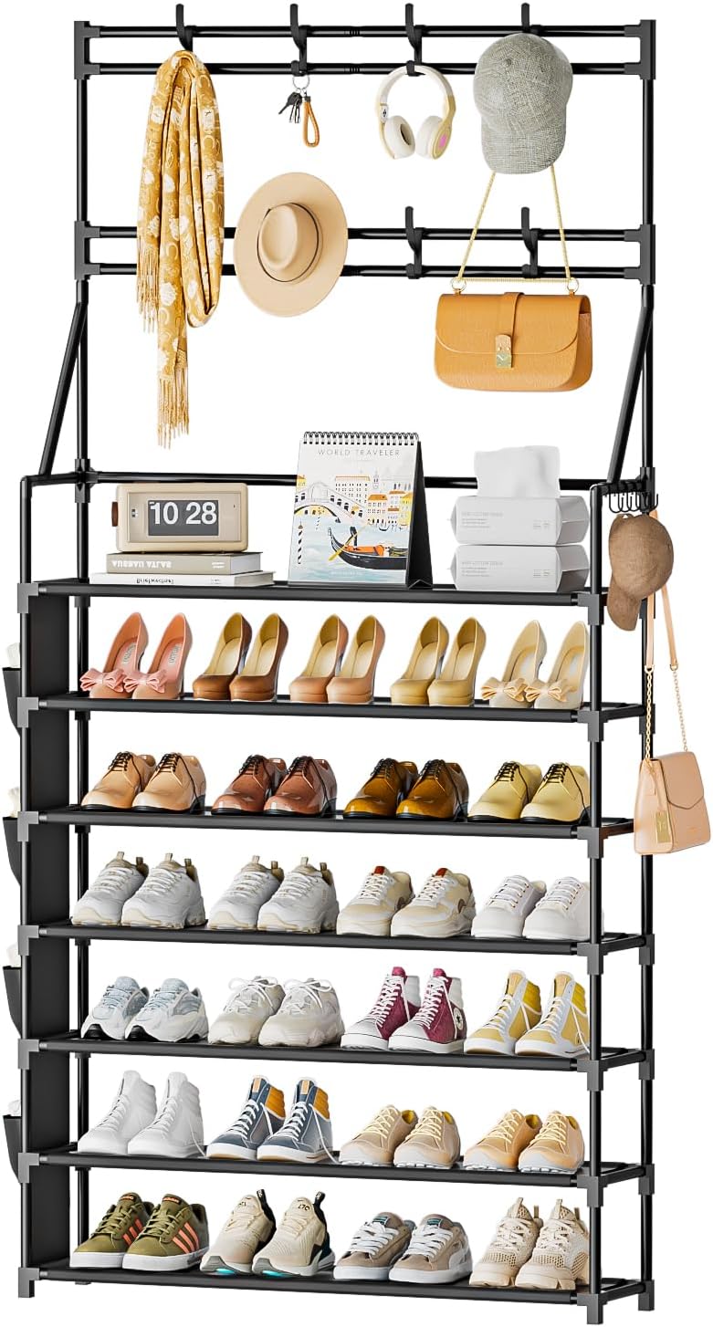 OYREL Shoe Rack, 5 Tier Shoes Storage Organizer, with Functional Hooks and Side Pocket, 20-25 Pairs, for Closet/Entrance/Entryway, Sneaker and Boot Stackable Free Standing Shoe Rack