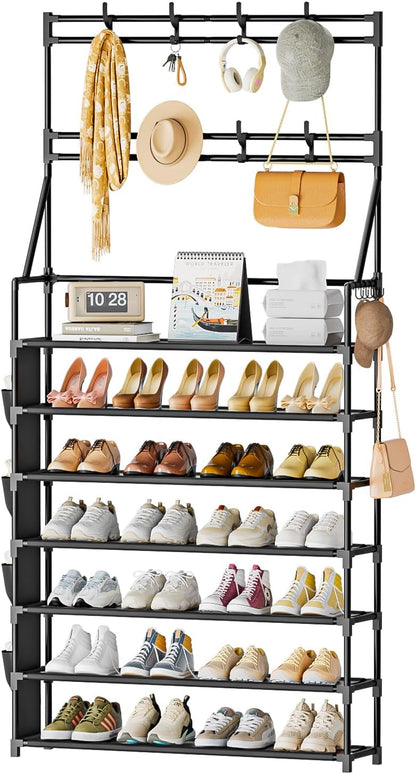 OYREL Shoe Rack, 5 Tier Shoes Storage Organizer, with Functional Hooks and Side Pocket, 20-25 Pairs, for Closet/Entrance/Entryway, Sneaker and Boot Stackable Free Standing Shoe Rack