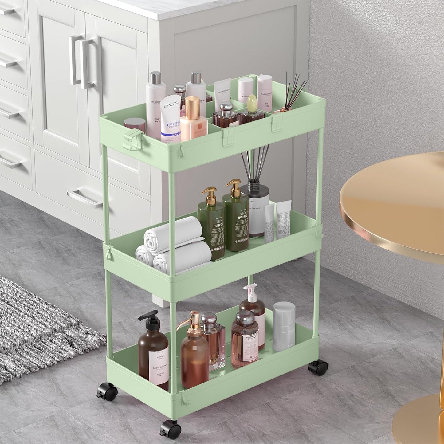 SPACELEAD 3 Tier Rolling Cart with Wheels, Storage Craft Art Trolley Organizer Serving, 3 Hanging Baskets Easy Assembly, for Office, Bathroom，Living Room, Kitchen, White