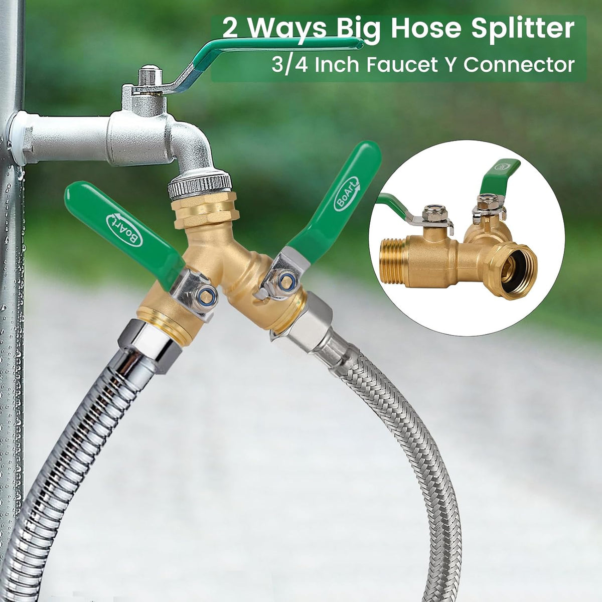 BoArt Brass Garden Hose Splitter 2 Way Heavy Duty, Y Valve Hose Splitter With Stainless Steel Long Handle, 3/4" GHT Thread Y Valve Water Garden Hose Tap Adapter