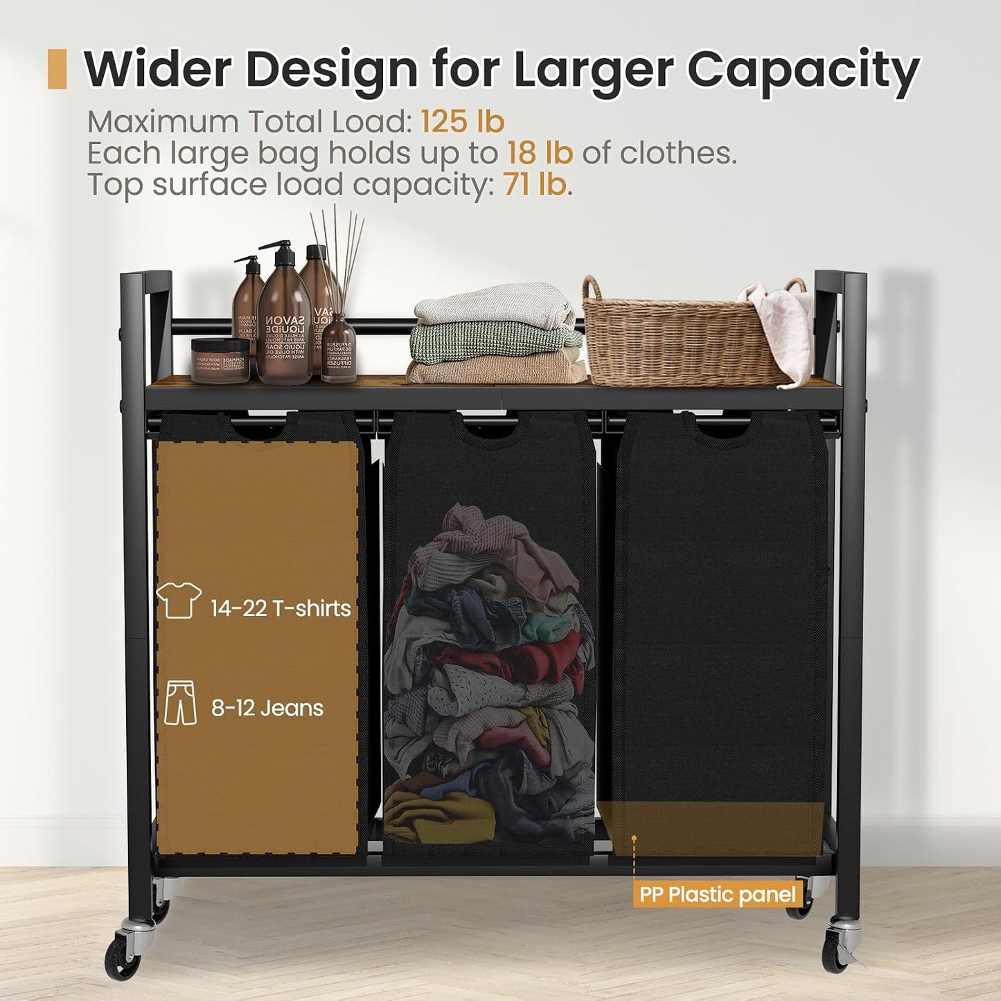 SwaaVee Laundry Sorter, Laundry Hamper 3 Section, 3×11.4Gal, Metal Frame Rolling Laundry Basket with Wooden Top Shelf, Pull out and Removable Laundry Bags, 3 Bags-Gray