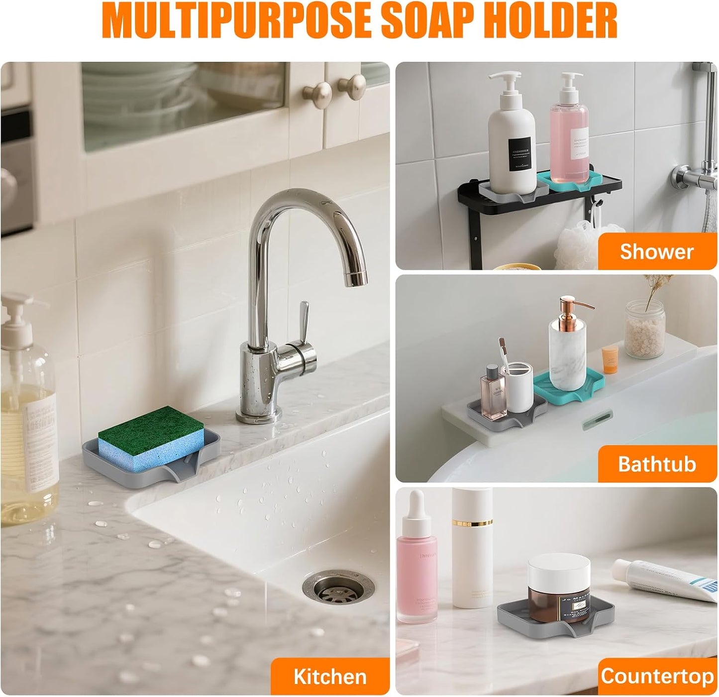 2 Pack Silicone Soap Dish, Self Draining Soap Dish, Non Slip Bar Soap and Sponge Holder for Bathroom Kitchen Sink Counter Organizer Easy to Clean Soap Tray Waterfall Soap Saver
