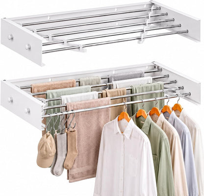 Wall Mounted Drying Rack Stainless Steel 31.5", Foldable Clothes Drying Rack with 4 Hooks & 5 Rods, Heavy Duty Outdoor Indoor Clothes Drying Rack for Apartment Bathroom Balcony Laundry Room