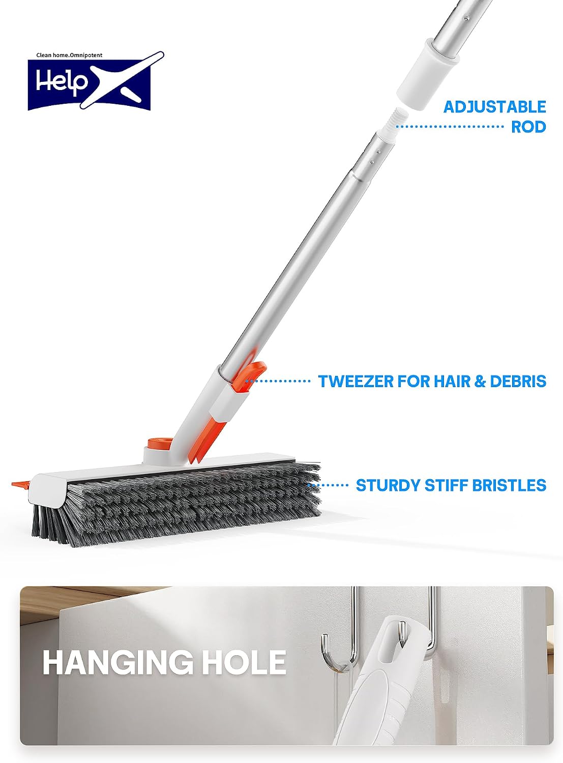Floor Scrub Brush with Long Handle, 3 in 1 Scrape and Heavy-Duty Stiff Bristle Floor Scrubber Brush with Squeegee and Tweezer for Cleaning Tile Wall Deck Bathroom Patio Garage Kitchen (White)