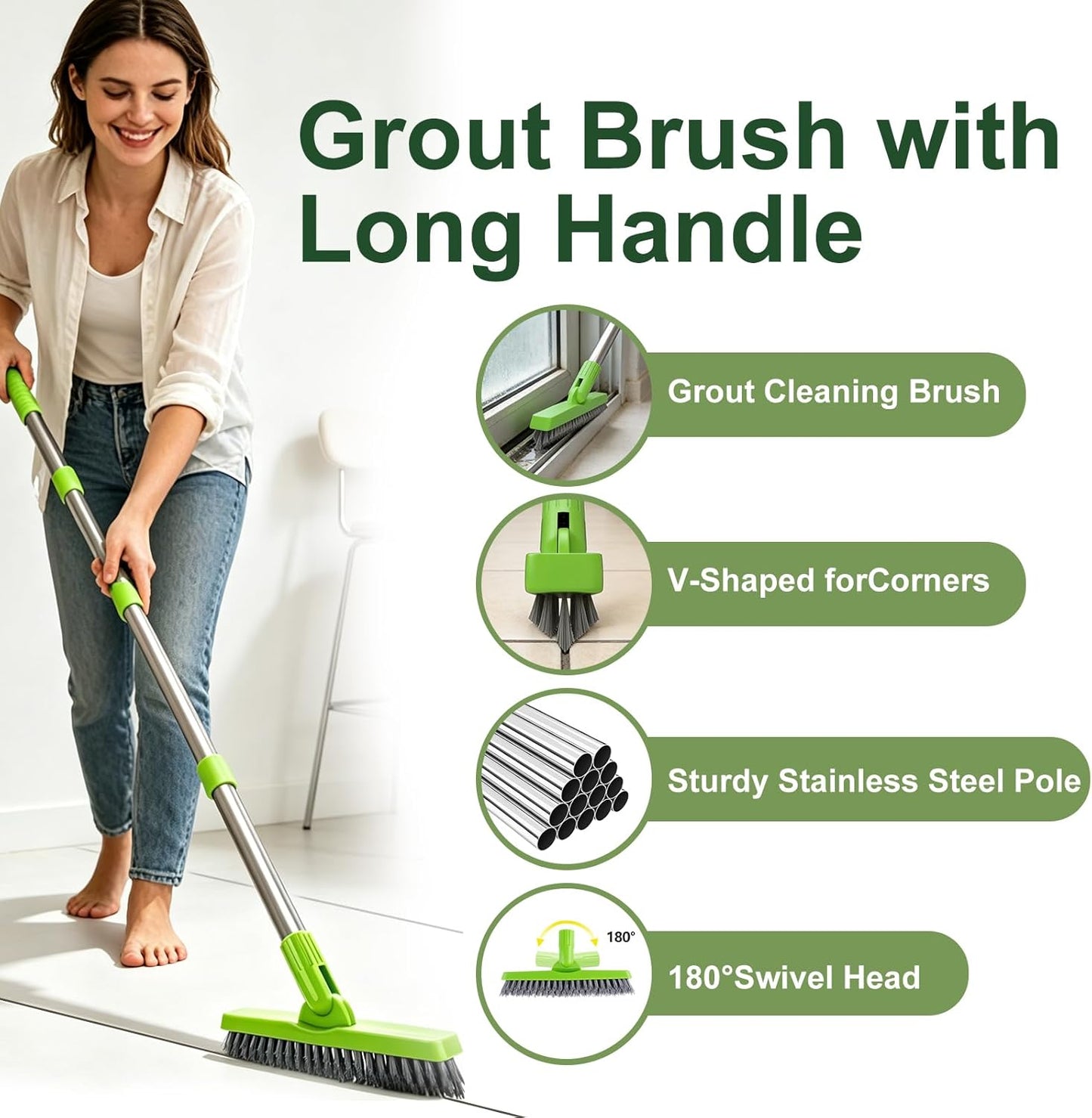 Grout Brush with Long Handle & Groove Gap Scrub Brush, Grout Cleaning Brush,V-Shape Grout Scrub Brush,Grout Cleaner Brush for Bathroom,Tile,Baseboard, Kitchen, Space Window Track, Corner