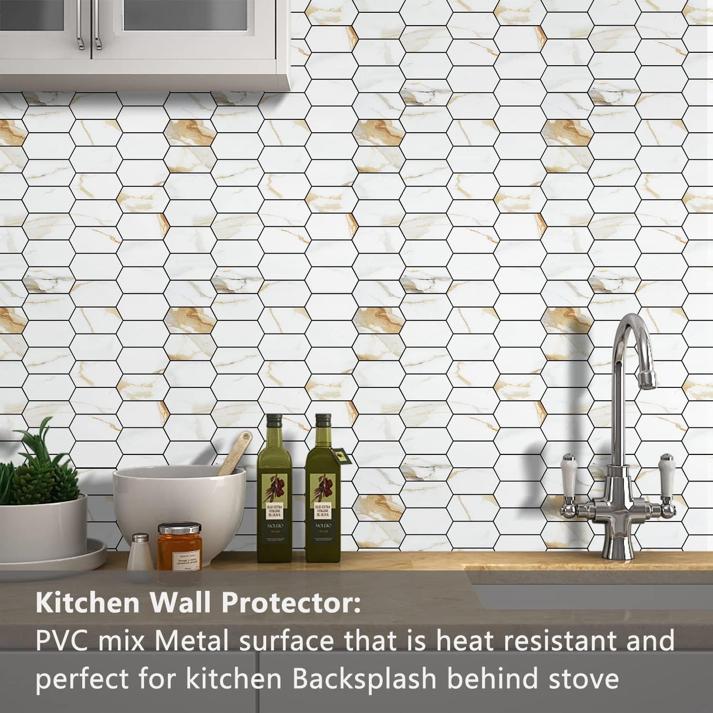 Vamos Tile Long Hexagon Peel and Stick Backsplash Tile - 10 Sheets Stick on Backsplash for Kitchen and Bathroom 12.4 x 12 Inch Glossy Wood Grain PVC Self Adhesive Mosaic Wall Tiles
