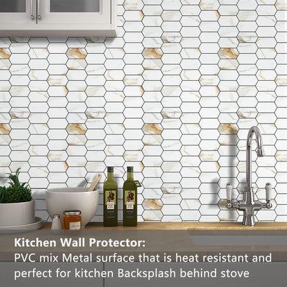 Vamos Tile Long Hexagon Peel and Stick Backsplash Tile - 10 Sheets Stick on Backsplash for Kitchen and Bathroom 12.4 x 12 Inch Glossy Wood Grain PVC Self Adhesive Mosaic Wall Tiles