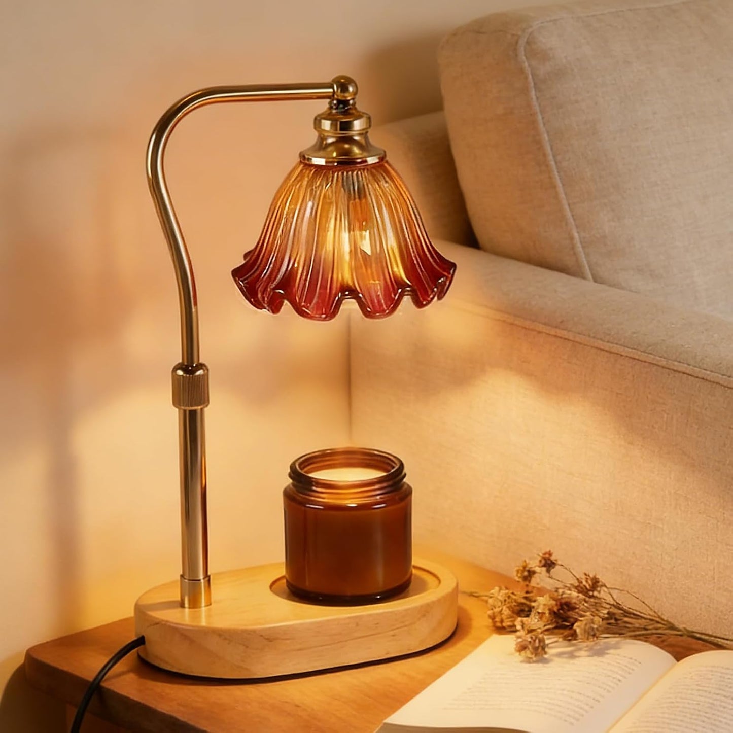 Candle Warmer Lamp with Timer, Dimmer, Vintage Glass Shade | Adjustable height, 2/4/8-hour timer, wood base, 2 bulbs included