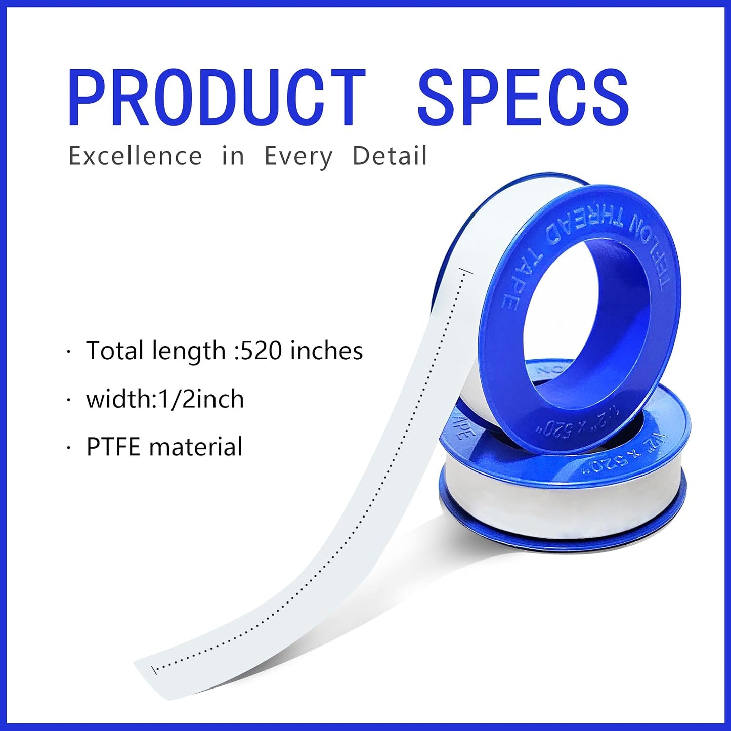 5 Rolls 1/2 Inch(W) X 520 Inches(L) Teflon Tape PTFE Thread Sealant Plumbers Tape for Seal Water Pipe, Shower Head,Prevent Leakage Duct Sealant Tape