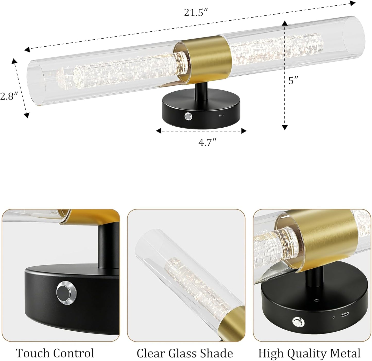 10000mAh Battery Operated Wall Sconce Set of 2, Rechargeable Wireless Wall Lights with Remote Control, Dimmable Timer 3 Color Temperature Glass Wall Lamp for Living Room Bedroom Gold 21.5 Inch