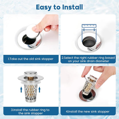 Bathroom Sink Drain Strainer, Adoric 2 Pack Universal Pop-Up Sink Stopper Hair Catcher, Anti-Clog Stainless Steel Drain Filter Basket, Removable Sink Drain for Bathroom Sink Stopper