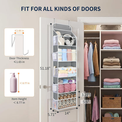 Yecaye 5-Tier Over the Door Organizer Hanging, Toy Stuffed Animal Storage, Behind the Door Storage with 5 Clear View Windows & 10 Side Pockets, Over the Door Storage for Bathroom Closet Nursery, Grey