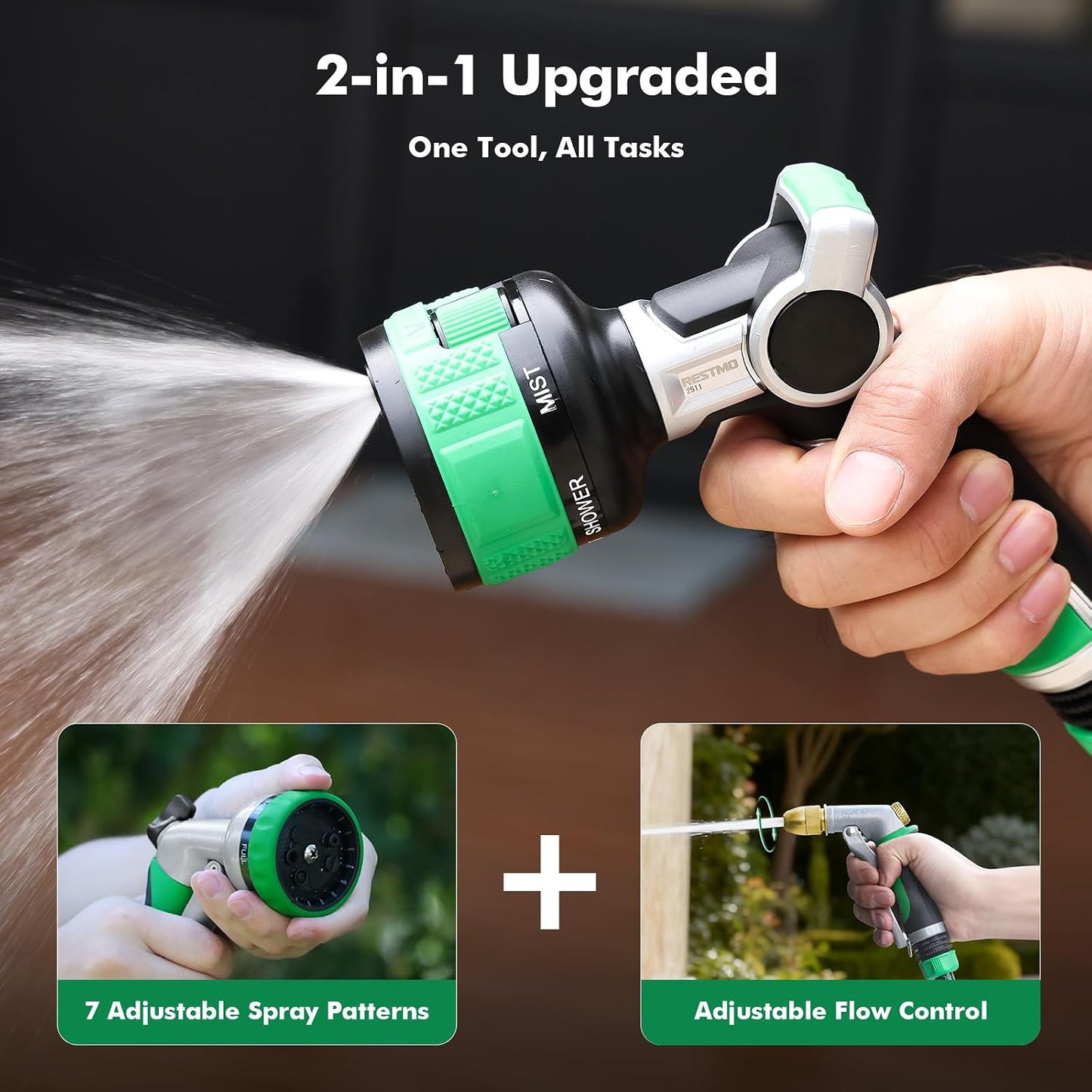 RESTMO Water Hose Nozzle Heavy Duty, Adjustable Garden Sprayer for Outdoor | 2-in-1 Twist Control, 9 Spray Patterns, Thumb ON/OFF Full Flow, Best for Plant & Lawn Watering, Car & Pet Cleaning, Green