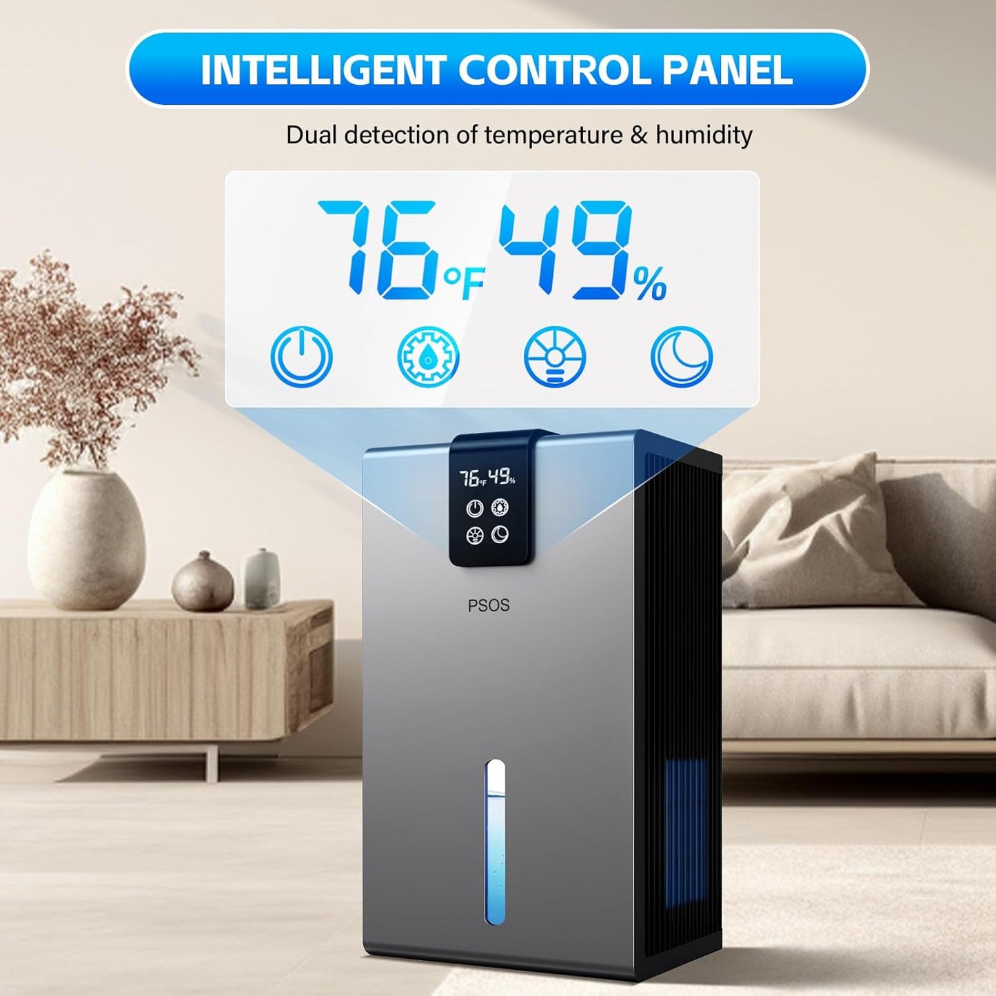 PSOS Dehumidifier, Dehumidifiers for Home, 98 OZ Water Tank, (1000 sq.ft) Quiet Dehumidifier for Bathroom Basement Bedroom with Humidity Display, Relaxing 7 Color Ambient Light, Auto Shut Off(White)