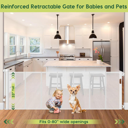 Reinforced 55" Wide Retractable Baby Gates with Reinforced Strips, Indoor/Outdoor Retractable Dog Gate for Doorway Prevent Bottom Drilling Through, No Bottom Bar Safety Mesh Baby Gate for Stair, Black