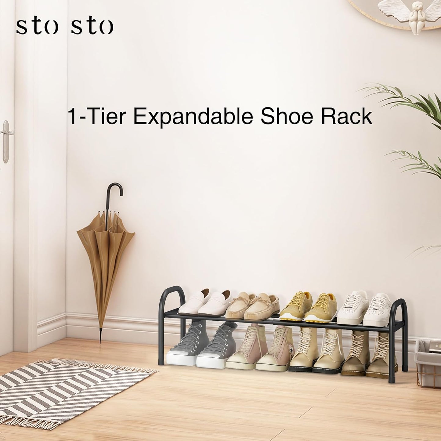 STO STO Expandable Shoe Rack, 3-Tier Metal Small Shoe Rack for Closet, Up to 16 Pairs Adjustable Shoes Racks Storage for Front Door Entrance, Free Standing Shoes Rack Organizer for Entryway, Black