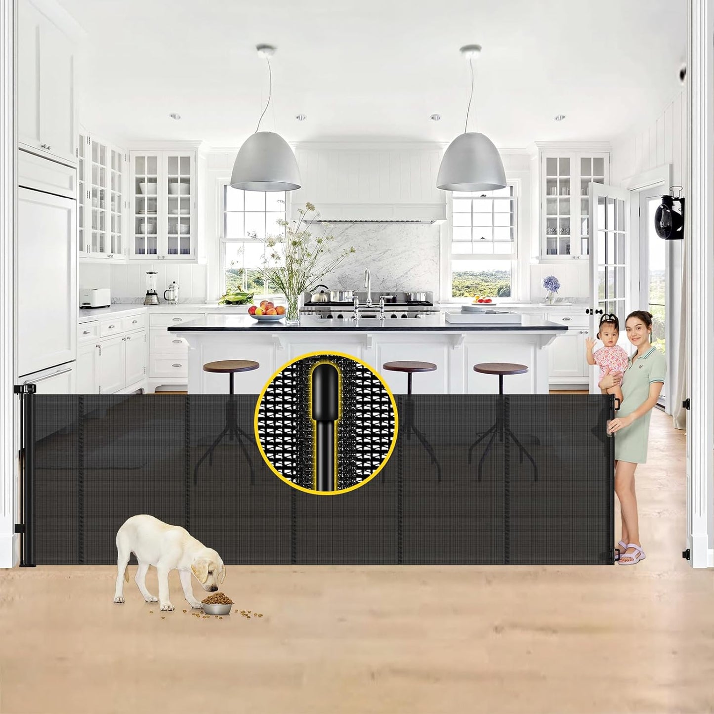 Reinforced 42” Extra Tall Retractable Baby Gates with Rods, Extends up to 60” Wide, Tall Retractable Dog Gate for Doorways Prevent Crawling Through Mesh Pet Gate Indoor Outdoor, Black