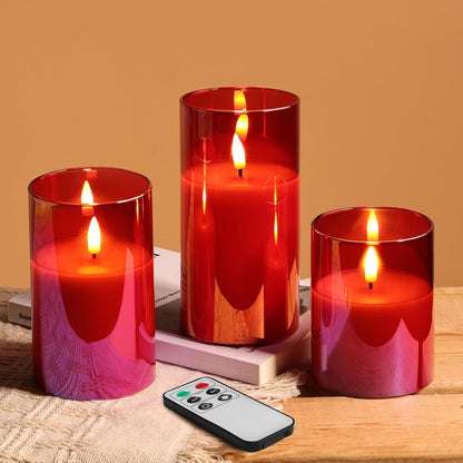 Eywamage Gold Glass Flameless Pillar Candles with Remote, Flickering Christmas LED Candles Battery Operated Set of 3