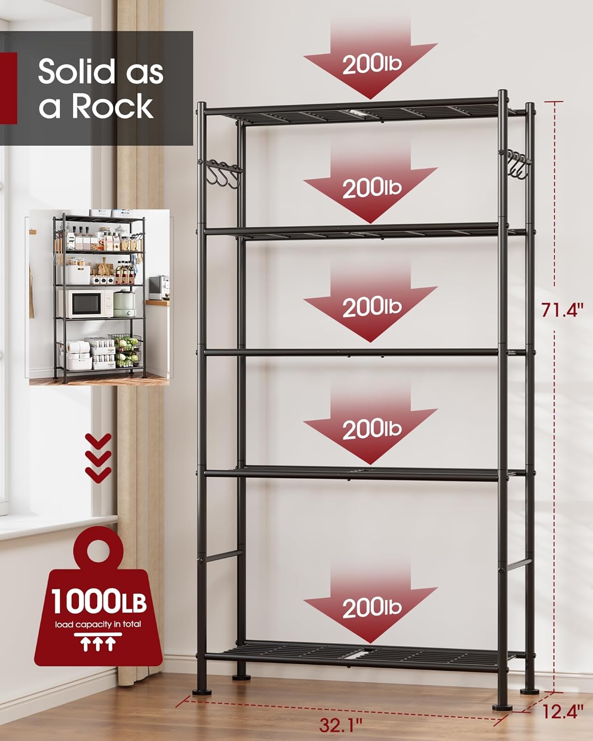 Sakugi Storage Shelves - 5-Tier Large Capacity Shelf Organizer with Hooks, Heavy-Duty Garage Shelving with Leveling Feet, Wobble-Free Rack for Bedroom, Balcony, Garage, 18.1"×12.4"×56.8", Black